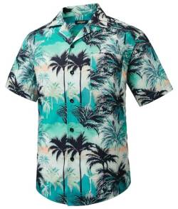 HISDERN Hawaii Hemd Herren Funky Hawaiihemd Kurzarm Palmen Baum Strandhemd Männer Kubanischer Kragen Casual Sommerhemd Button Down für Urlaub Unisex Aqua M von HISDERN