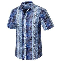 HISDERN Hawaiihemd Herren Kurzarm Aloha Blumen Hawaii Hemd Männer Baumwolle Tropische Sommerhemd Strand Freizeithemden Blau/Weiß M von HISDERN