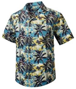 HISDERN Hawaiihemd Herren Kurzarm Sommerhemd Casual Palmen Baum Kubanischer Kragen Strandhemd Button Down Aloha Urlaub Unisex Shirt Blau & Gelb 3XL von HISDERN