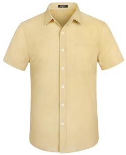 HISDERN Hemd Herren Kurzarm Sommerhemd Leinenhemd Freizeithemd Regular Fit Hellkhaki Men Shirts für Strand Hochzeit 4XL von HISDERN