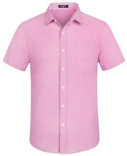 HISDERN Hemd Kurzarm Herren Sommer Baumwolle Leinenhemd Casual Rosa Men Shirt Hemden für Strand Hawaii Hochzeit L von HISDERN