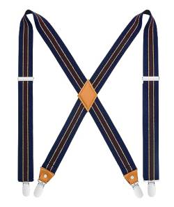 HISDERN Herren 3,5 cm breiter Hosenträger in X-Form mit sehr Starken 4 Metall Clip für Männer und Damen elastisch und verstellbar Blaubraune Streifen von HISDERN