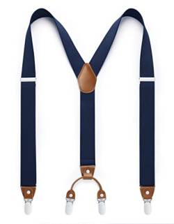 HISDERN Herren 3,5 cm breiter Hosenträger in Y-Form mit sehr Starken 4 Metall Clip für Männer und Damen elastisch und verstellbar Navy blau von HISDERN