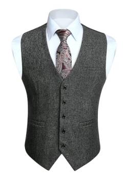 HISDERN Herren Anzugweste Grau Formale Klassische Casual V-Ausschnitt Elegant Einfarbige Westen Hochzeit Business Party Baumwolle Weste 3XL von HISDERN