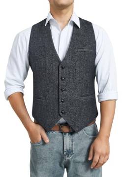 HISDERN Herren Formelle Business Weste Anzugweste Hochzeits Weste Wolle Herringbone Tweed Herren Party Westen Holzkohle L von HISDERN