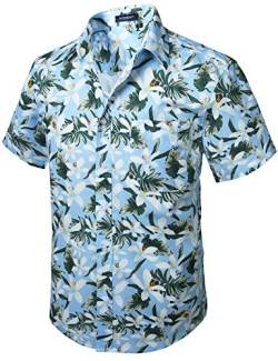 HISDERN Herren Funky Hawaiihemd KirschblUten Kurzarm Vordertasche UrlaubSommer Aloha Bedruckter Strand Freizeithemden Blue Hawaii von HISDERN