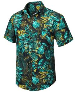 HISDERN Herren Funky Hawaiihemd Kurzarm Hawaii Hemd Sommer Unisex Casual Blattdruck Shirt Urlaub Aloha Strand Tropisches Party Männer Hemden,Grün 2,L von HISDERN