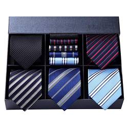 HISDERN Herren Gestreifte Krawatte Einstecktuch Lot 5 Stück Klassische Krawatten Set Seide für Männer Hochzeit Krawatte & Taschentuch mit Geschenkbox von HISDERN
