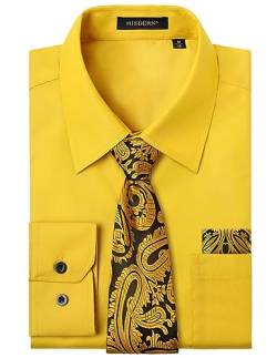 HISDERN Herren Hemd Gelb Langarm Einfarbige Hemden mit Krawatte und Taschentuch Formelle Businesshemd Hochzeit Freizeithemd mit Tasche Regular Fit XL von HISDERN