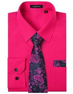 HISDERN Herren Hemd Heißes Rosa Langarm Einfarbige Hemden mit Krawatte und Taschentuch Formelle Businesshemd Hochzeit Freizeithemd mit Tasche Regular Fit XXL von HISDERN