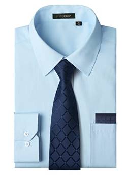HISDERN Herren Hemd Hellblau Langarm Einfarbige Hemden mit Krawatte und Taschentuch Formelle Businesshemd Hochzeit Freizeithemd mit Tasche Regular Fit XXL von HISDERN