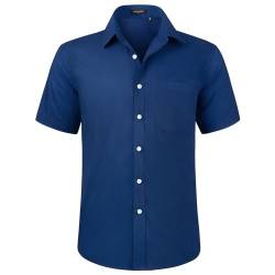 HISDERN Herren Hemd Navy blau Kurzarm Freizeithemd Businesshemd Herrenhemden Regular Fit Bügelfreies Herrenhemd mit Brusttasche,2XL von HISDERN