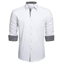 HISDERN Herren Hemd Regular Fit Formale Freizeithemden Herrenhemden Weiß Langarm Männer Hemd Klassisches Businesshemd mit Tasche Hemden,2XL von HISDERN