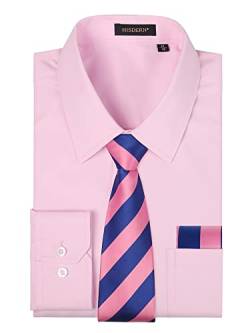 HISDERN Herren Hemd Rosa Langarm mit Krawatte Formelle Businesshemd Regular Fit Freizeithemd mit Tasche Hemden und Krawatten Taschentuch Set XL von HISDERN