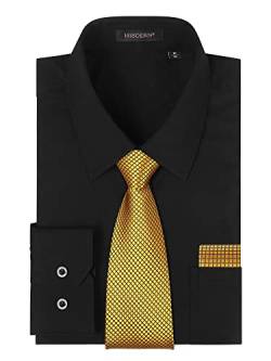 HISDERN Herren Hemd Schwarz Langarm mit Krawatte Formelle Businesshemd Regular Fit Freizeithemd mit Tasche Hemden und Gold Krawatten Taschentuch Set L von HISDERN