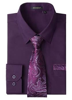 HISDERN Herren Hemd Violett Langarm Einfarbige Hemden mit Krawatte und Taschentuch Formelle Businesshemd Hochzeit Freizeithemd mit Tasche Regular Fit XXL von HISDERN
