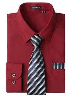 HISDERN Herren Hemd Wein Rot Langarm Einfarbige Hemden mit Krawatte und Taschentuch Formelle Businesshemd Hochzeit Freizeithemd mit Tasche Regular Fit XXL von HISDERN