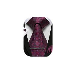 HISDERN Herren Hochzeit Dunkelrot Krawatten und Einstecktuch Krawatte Plaid Manschettenknöpfe-Krawattenklammer-Set von HISDERN