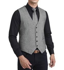 HISDERN Herren Hochzeitsweste Klassische Wolle Formelle Anzugweste Solide Fischgrät Tweed Basic Weste für Herren Grau 4XL von HISDERN