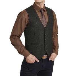 HISDERN Herren Klassische Anzugweste Weste für Hochzeit Formale Wolle Herringbone Tweed Solid Basic Weste für Business Herren Weste Dunkelbraun S von HISDERN