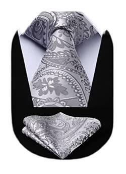 HISDERN Herren Krawatte Einstecktuch Set Extralange Paisley Krawatten und Taschentuch Elegante Hochzeit Seidenkrawatte Silber für Männer von HISDERN