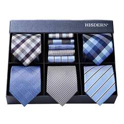 HISDERN Herren Krawatte Einstecktuch Set Lot 5-teilig Klassische Krawatten für Herren Hochzeit Seidenkrawatte und Taschentuch mit Geschenkbox von HISDERN