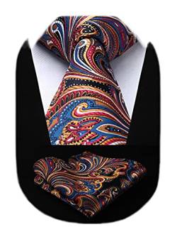 HISDERN Herren Krawatte Extralange Paisley Krawatten und Einstecktuch Set Elegante Hochzeit Seidenkrawatte Taschentuch für Männer Marineblau & Orange von HISDERN