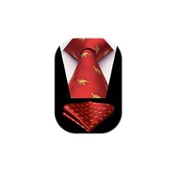 HISDERN Herren Krawatte Rot Dinosaurier Muster Hochzeit Krawatte für Herren Klassische Business-Krawatte und Einstecktuch Set von HISDERN