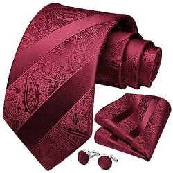 HISDERN Herren Krawatte Rot Paisley mit Krawatte & Einstecktuch Manschettenknopf Set Krawatten für Herren Blumen Paisley für Feierliche Hochzeit, Rot von HISDERN