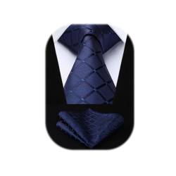 HISDERN Herren Krawatte Taschentuch Check Krawatte & Einstecktuch Set Navy blau von HISDERN