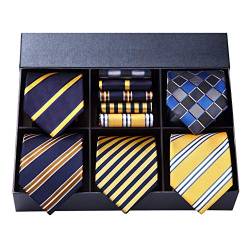 HISDERN Herren Krawatten Set 5-teilig Seidenkrawatte und Einstecktuch Formelle Klassische Hochzeit Krawatte für Männer Taschentuch mit Geschenkbox von HISDERN