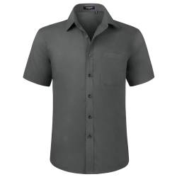 HISDERN Herren Kurzarm Hemd Grau Freizeithemd Regular Fit Businesshemd Bügelfreies Herrenhemd mit Brusttasche,XL von HISDERN