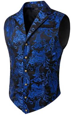 HISDERN Herren Paisley Formelle Weste Blau Bedruckt Gothic Steampunk Vintage Revers Weste Glänzend Hochzeit Party Weste für Anzug oder Smoking, (Schwarz/Blau, XL) von HISDERN