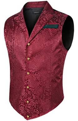 HISDERN Herren Paisley Formelle Weste Burgund Bedruckt Gothic Steampunk Vintage Revers Weste Glänzend Hochzeit Party Weste für Anzug oder Smoking, (Burgund-2, L) von HISDERN