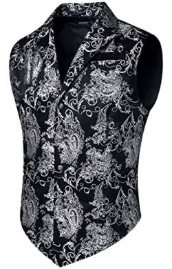 HISDERN Herren Paisley Formelle Weste Schwarz Bedruckt Gothic Steampunk Vintage Revers Weste Glänzend Hochzeit Party Weste für Anzug oder Smoking, (Schwarz/Splitter, 4XL) von HISDERN