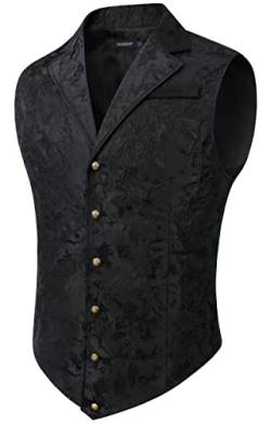 HISDERN Herren Paisley Formelle Weste Schwarz Bedruckt Gothic Steampunk Vintage Revers Weste Glänzend Hochzeit Party Weste für Anzug oder Smoking (Schwarz, 3XL) von HISDERN