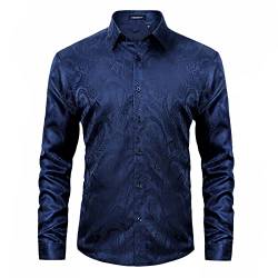 HISDERN Herren Paisley Hemd Langarm Dunkelblau Blumen Muster Seidenhemd für Männer Jacquard Freizeithemd für Hochzeit Regular Fit XL von HISDERN