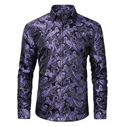 HISDERN Herren Paisley Hemd Langarm Jacquard Seidenhemd für Männer Regular Fit Violett Stickerei Freizeithemd S von HISDERN