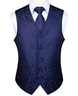 HISDERN Herren Paisley Hochzeit Weste Krawatte Einstecktuch Taschentuch Jacquard Weste Anzug Set Splitter Marineblau von HISDERN