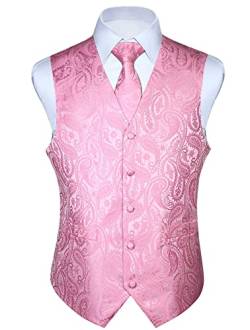HISDERN Herren Paisley Hochzeit Weste Krawatte Einstecktuch Taschentuch Jacquard Weste Anzug Set Splitter Pink von HISDERN
