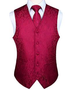 HISDERN Herren Paisley Hochzeit Weste Krawatte Einstecktuch Taschentuch Jacquard Weste Anzug Set Splitter Rotwein von HISDERN