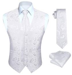 HISDERN Herren Paisley Hochzeit Weste Weiß Jacquard Westen Krawatte Einstecktuch Taschentuch Weste Anzug Set Floral Anzugwesten für Herren 4XL von HISDERN