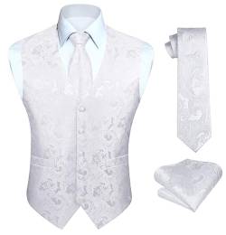 HISDERN Herren Paisley Hochzeit Weste Weiß Jacquard Westen Krawatte Einstecktuch Taschentuch Weste Anzug Set Floral Anzugwesten für Herren XXL von HISDERN