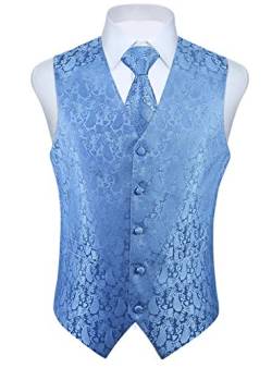 HISDERN Herren Paisley Hochzeitsweste Krawatte Einstecktuch Taschentuch Jacquard Weste Anzug Set Splitter Hellblau von HISDERN