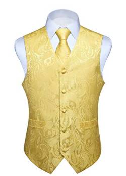 HISDERN Herren Paisley Hochzeitsweste Krawatte Einstecktuch Taschentuch Jacquard Weste Anzug Set Splitter Hellgelb von HISDERN