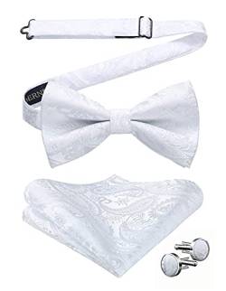 HISDERN Herren Paisley Weiß Fliege und Einstecktuch mit Manschettenknöpfe Set Verstellbare Vorgebundene Anzug Fliege für Hochzeit Smoking Business von HISDERN