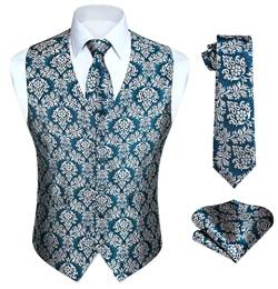 HISDERN Herren Paisley Weste Blau Floral Jacquard Krawatte Einstecktuch Einstecktuch Hochzeitsfeier Business Fit Weste Anzug Set 4XL von HISDERN