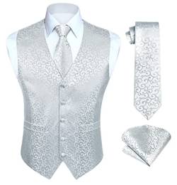 HISDERN Herren Paisley Weste Floral Jacquard Krawatte Einstecktuch Einstecktuch Hochzeitsfeier Business Fit Weste Anzug Set,L,Weiß-N von HISDERN