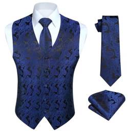 HISDERN Herren Paisley Weste Navy Blu Floral Jacquard Krawatte Einstecktuch Einstecktuch Hochzeitsfeier Business Fit Weste Anzug Set,2XL,Marineblau & Schwarz-N von HISDERN