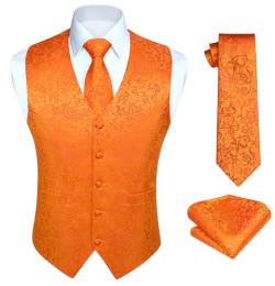 HISDERN Herren Paisley Weste Orange Floral Jacquard Krawatte Einstecktuch Einstecktuch Hochzeitsfeier Business Fit Weste Anzug Set,3XL,Orange-N von HISDERN